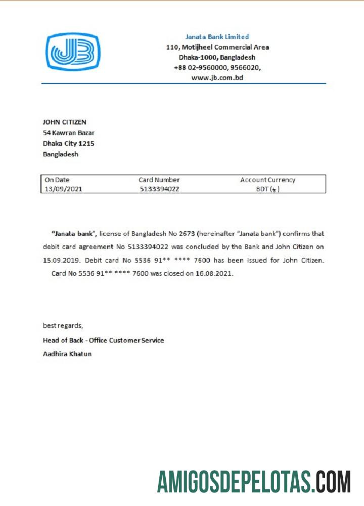 Referência de fechamento de Bangladesh Janata exemplo real